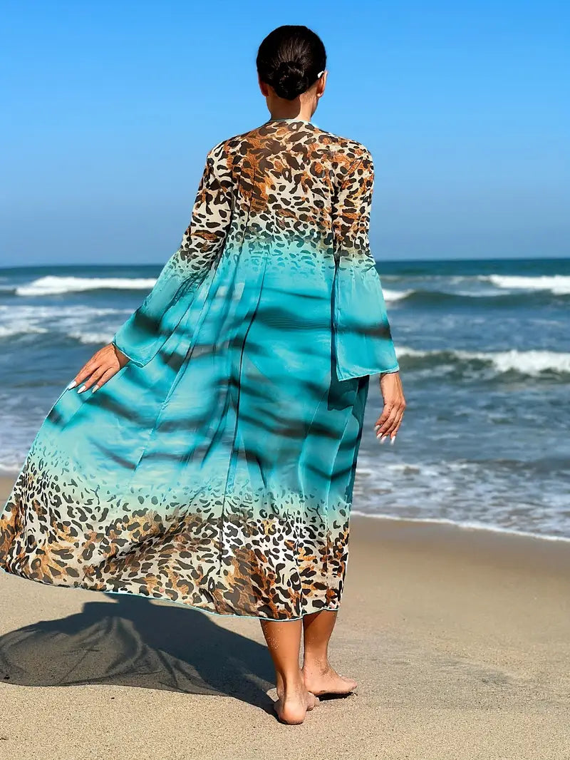 Costume Intero + Kimono Animalier con Sfuma Turchese – Set 2 Pezzi