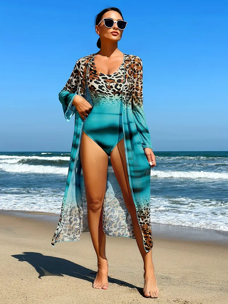 Costume Intero + Kimono Animalier con Sfuma Turchese – Set 2 Pezzi