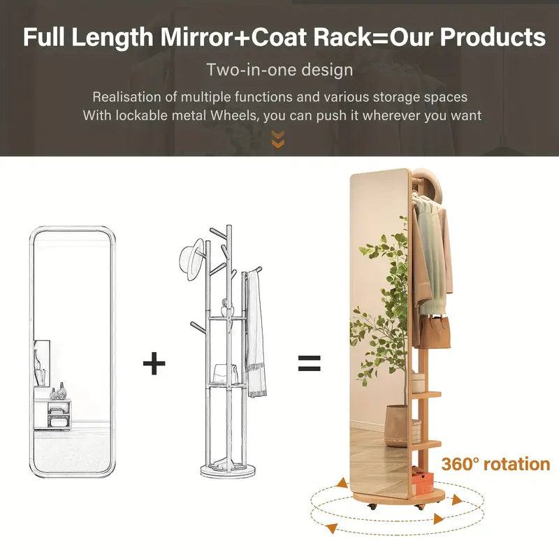 Specchio Eleganza 360° – in Legno Massello con Appendiabiti ✨