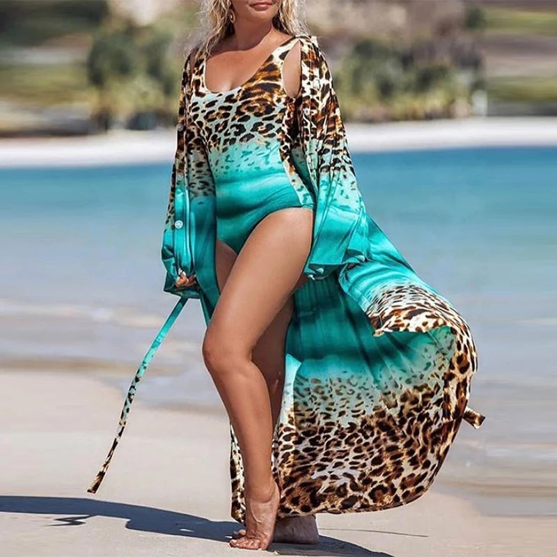 Costume Intero + Kimono Animalier con Sfuma Turchese – Set 2 Pezzi