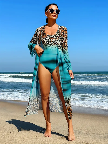 Costume Intero + Kimono Animalier con Sfuma Turchese – Set 2 Pezzi